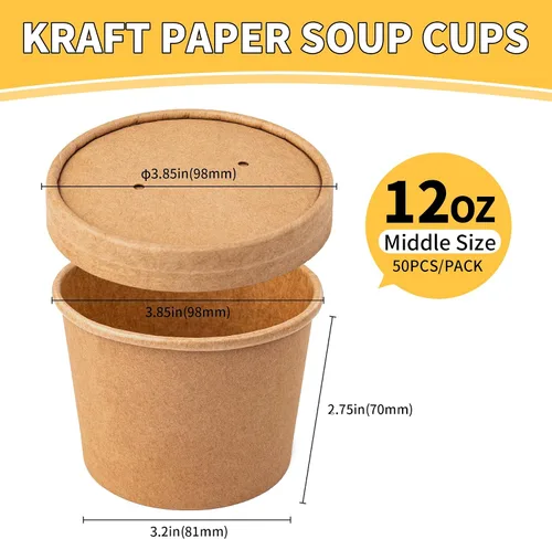 Miniatura 3 de PakTalk Paquete de 50 Recipientes de Sopa con Tapas, Vasos de Helado Desechables y Biodegradables, Cuencos de Sopa de Papel Kraft de 12 oz con Tapas