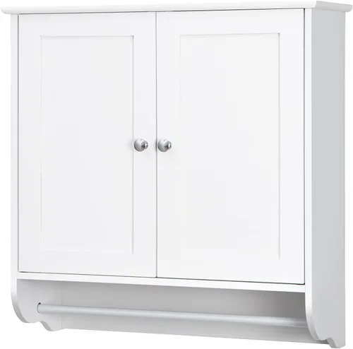 Miniatura 10 de Giantex Armario de baño montado en la pared, botiquín sobre el inodoro con puertas dobles, estante ajustable y barra de toallas, armario