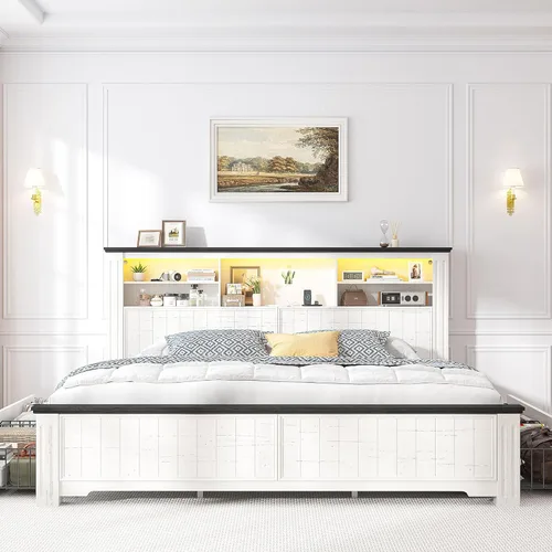 Miniatura 3 de EnHomee Marco de cama tamaño king con cabecero y almacenamiento, 4 cajones y estación de carga LED incorporada, marco de cama tamaño king con Blanco