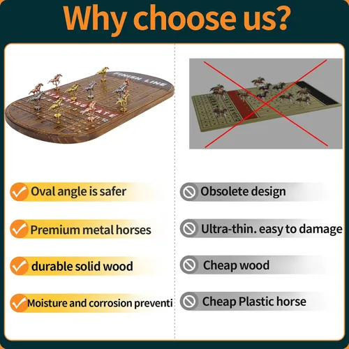Miniatura 5 de Jyquorp Juego de mesa de carreras de caballos, juego de carreras de madera maciza con 11 lujosos caballos de metal clásicos duraderos con 4 dados