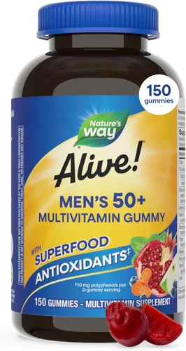 Nature's Way ¡Vivo! Multivitamínico gomoso diario para hombres de 50+, apoya la salud del cerebro, ojos, corazón*, vitaminas B, sin gluten, sabor a
