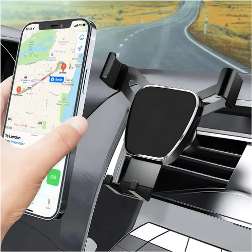 Soporte para teléfono con ventilación de aire para automóvil, soporte de teléfono de gravedad militar mejorado con clip, bloqueo automático del Negro