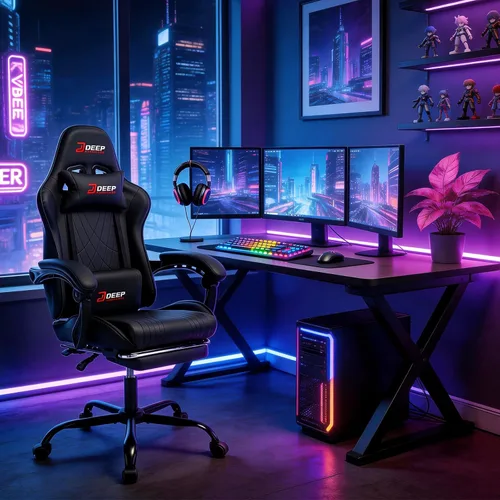 Miniatura 2 de Silla de juegos con reposapiés, silla ergonómica de juego con soporte lumbar y reposabrazos de acoplamiento, silla reclinable para computadora