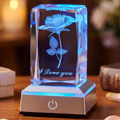 Lámpara Nocturna de Cristal de Rosa 3D con Luces LED Ajustables - Te Amo, Ideas de Regalo para el Día de la Madre, San Valentín, Aniversario, Regalo
