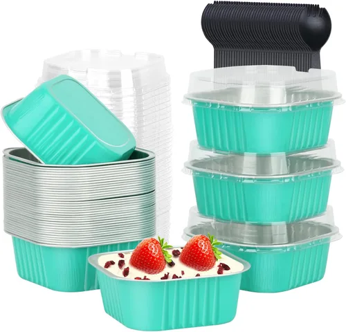 LNYZQUS - Juego de 40 moldes de aluminio para brownies de 10 oz, ramequines desechables cuadrados de 10 cm x 10 cm con tapas, moldes pequeños para