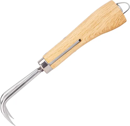 Miniatura 5 de Nisaku NJP956 Nekaki Nihondume - Cultivador manual de doble garra, longitud de dientes de acero inoxidable japonés, 1.5 pulgadas, mango de madera