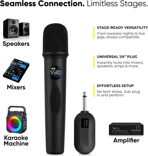 Miniatura 6 de Sistema de Micrófono Inalámbrico Bowens – Micrófono Inalámbrico para Karaoke con Receptor, Control de Eco, Pantalla LCD, Carga USB-C, Adaptador