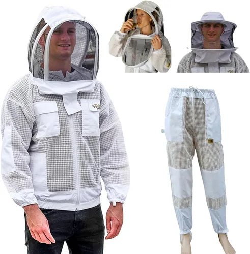 Chaqueta de traje de apicultura, pantalones/pantalones con 2 velos de esgrima capucha y sombrero de ala redonda, disfraz de malla ventilada de 3