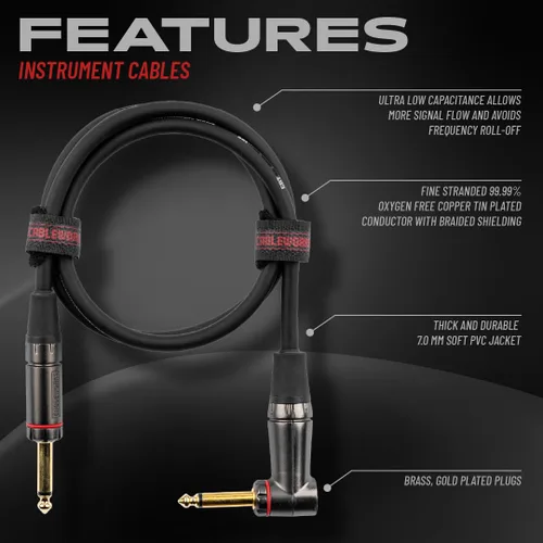 Miniatura 2 de Cableworks By Gator Cases Headliner Series Premium 3 pies recto a ángulo recto cable para instrumentos de guitarra (GCWH-INS-03RA)