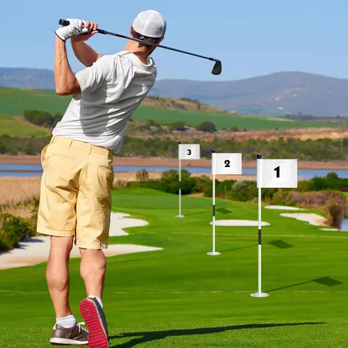 Miniatura 5 de Hungdao Juego de 3 banderas de golf, mini bandera verde para patio, juego de tazas y banderas, portátil, práctica de poner palos de bandera verde