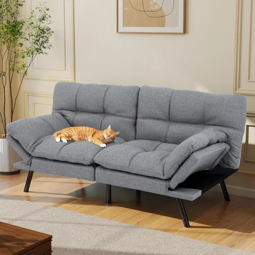 Miniatura 13 de Opoiar Sofá cama tipo futón de cuero negro convertible con espuma viscoelástica, juego de futón plegable y moderno para estudio, Drom, apartamento