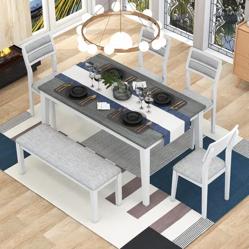 Miniatura 12 de Harper & Bright Designs Juego de mesa de comedor de granja de 6 piezas con banco, mesa de comedor de madera con 4 sillas y un banco para cocina