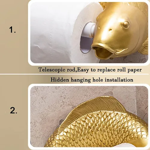 Miniatura 6 de Dispensador de rollo de pañuelos, soporte de papel higiénico de pescado dorado de lujo, estante de almacenamiento de papel de rollo de arte creativo
