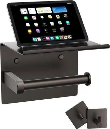 Miniatura 13 de Tindbea Soporte de papel higiénico con estante para teléfono + Ganchos para albornoz adhesivo o con tornillos, montaje en pared para almacenamiento