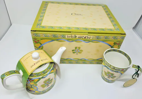 Miniatura 4 de Royal Tara Juego de 1 taza de café de trébol irlandés con diseño de nudos celtas y 1 tetera de porcelana de trébol, tetera irlandesa con nudo celta