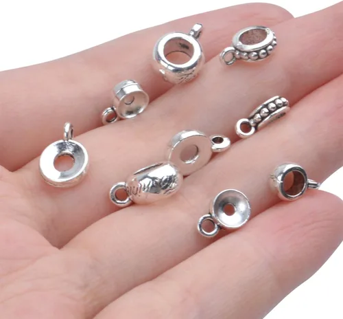 Miniatura 6 de Cuentas de plata tibetana de 3.53 oz (alrededor de 100-150 piezas) para joyería, para collares, pulseras, joyería, 5 estilos