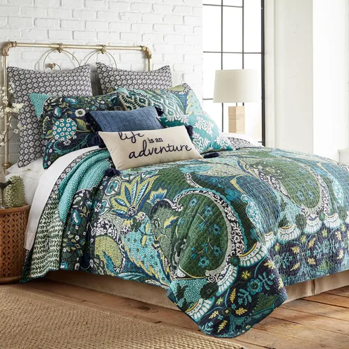 Levtex Home - Juego de edredón Jules - Edredón King + dos fundas de almohada King - Bohemio - Azul marino, verde, azul, verde azulado - Tamaño del