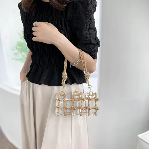 Miniatura 4 de JYG Bolso de mano de noche de acrílico para mujer, con diamantes de imitación brillantes, con cuerda anudada, bolsos transparentes para fiesta