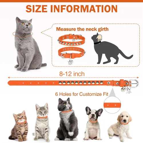 Miniatura 4 de Collares de Cuero para Gatos Niño Niña con Campana y Cinturón Elástico de Seguridad, Remaches Personalizados con Tachuelas Collar de Hebilla Segura