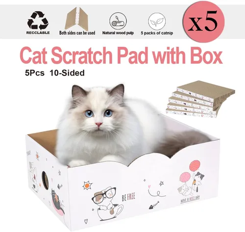 Miniatura 5 de 5 paquetes en 1 almohadilla para arañazos para gatos con caja, cartón rascador para gatos, reversible, cartón duradero reciclable, adecuado para que