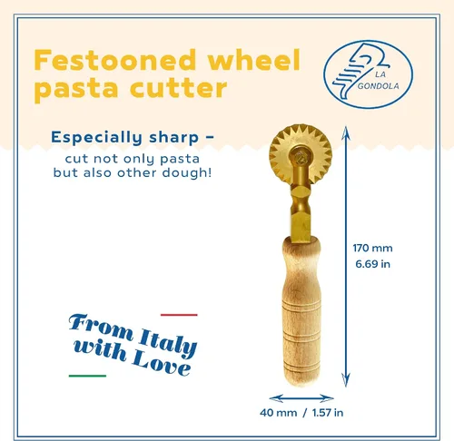 Miniatura 2 de La Gondola Cortador de pasta casero - Rueda festoneada Herramienta italiana para hacer pasta para el hogar y negocios Latón y madera natural