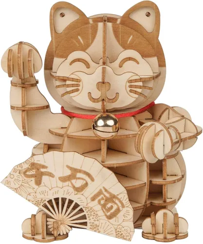 Rolife Rompecabezas de madera 3D Lucky Cat -72 piezas japonés Maneki Neko Welcome Display Saludo para bendición buena fortuna – Juguetes de
