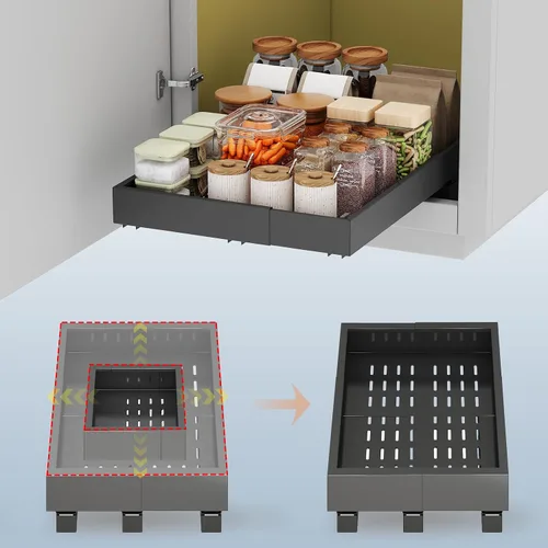 Organizador de Gabinete Extraíble, Ancho Expandible (28 cm-41 cm), Profundidad (43 cm-61 cm) con 3 Carriles, Cajones Deslizables, Estantes
