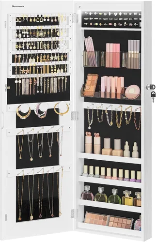 Miniatura 33 de SONGMICS Gabinete colgante de joyería, gabinete de pared con luces interiores LED, organizador de joyas montado en la puerta, espejo de cuerpo Blanco