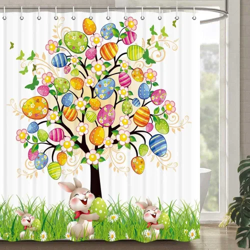 Cortina de ducha de Pascua, conejito de Pascua con huevos coloridos en el árbol, cortinas de ducha de primavera, juego de cortina de ducha con