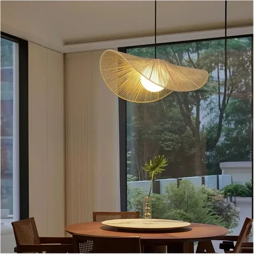 Miniatura 4 de Genérico Araña moderna, escandinavo en V - Tirada de cuerda de algodón, sombrero de paja LED colgante de luz para restaurante, bar, cafetería, Blanco