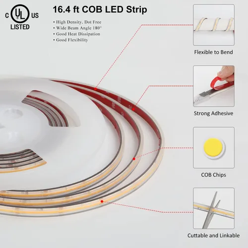 Miniatura 4 de dephen Tira de luces LED COB para exteriores de 16.4 pies, DC24 V 4000 K, 528 LEDS/m, IP67 impermeable cortable con cinta 3M para el hogar, balcón
