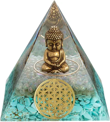 Miniatura 10 de FENGSHUI-CAISHEN Estatua de Little Buddha en pirámide de organita de cristal curativo, piedra arenisca azul con figura de Buda bebé, decoración