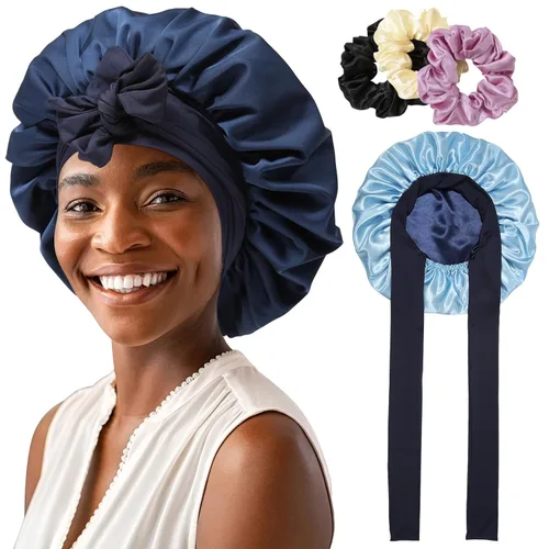 Miniatura 15 de Gorro de satén para mujer, con banda de amarre para el cabello, para dormir, grande de 2 capas, gorro de dormir de seda para dormir con 3 coleteros