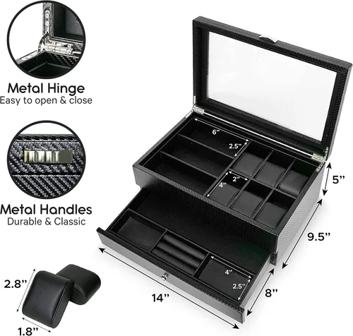 Miniatura 5 de HAUTEROW Caja organizadora de relojes para hombres, caja de joyería, estuche de reloj, organizador de gafas de sol, bandeja de valet, organizador