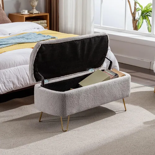 Miniatura 10 de Polibi Banco de almacenamiento, banco otomano de piel sintética con patas doradas, acolchado tapizado con almacenamiento para lado de la cama, Azul