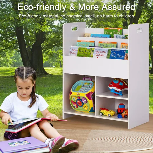 Miniatura 11 de VECELO Estantería para niños, 2 en 1 con estantes y 3 cubos de diferentes tamaños, organizador de madera para almacenamiento de juguetes para Blanco