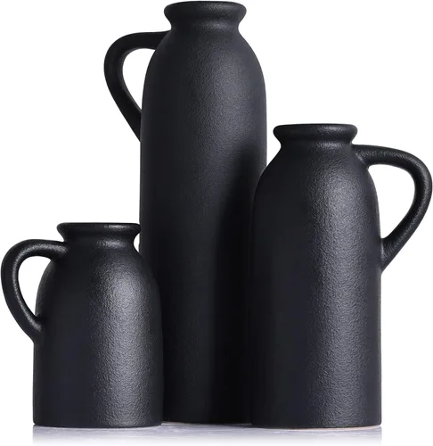 Juego de jarrones de cerámica negra – 3 jarrones pequeños color negro mate, florero de flores de campo de granja, decoración del hogar, decoración