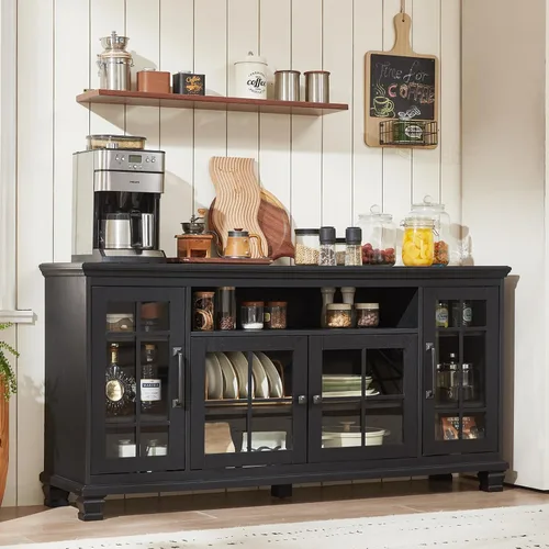 Miniatura 7 de SAVOR LIFE - Aparador grande negro con gabinete de buffet y almacenamiento, credenza vintage de casa de campo de 60" de ancho con puertas de vidrio