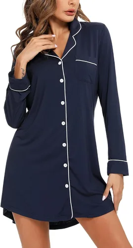 Miniatura 11 de Samring Camisón de pijama para mujer, manga corta/larga, con botones, camisón para dormir, camisón para novio, talla XXL