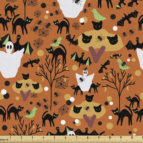 Miniatura 66 de Ambesonne The Yard, tela de calavera colorida con temática de Halloween, diseño de calavera y huesos cruzados, divertido estampado de dibujos