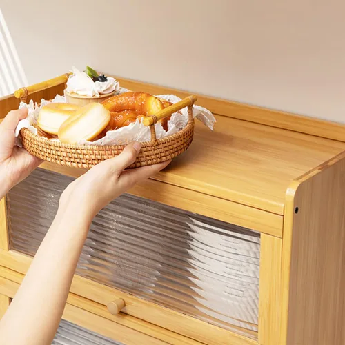 Miniatura 5 de Gdrasuya10 Armario de almacenamiento de despensa de cocina de 3 niveles, armario de despensa de bambú con 3 puertas, estante de almacenamiento