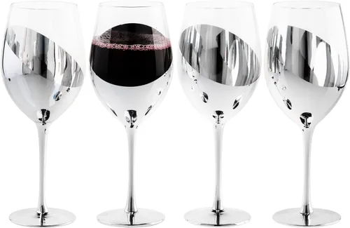 MyGift Juego de 4 copas de vino modernas de tallo largo plateado para vino blanco o tinto con elegante diseño en ángulo plata (juego de 4)