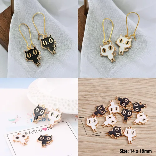 Miniatura 3 de 30 dijes adorables de gato de anime para hacer joyas, mezcla de 3 diseños de esmalte de gato blanco y negro, encantadores dijes para mujeres, hechos
