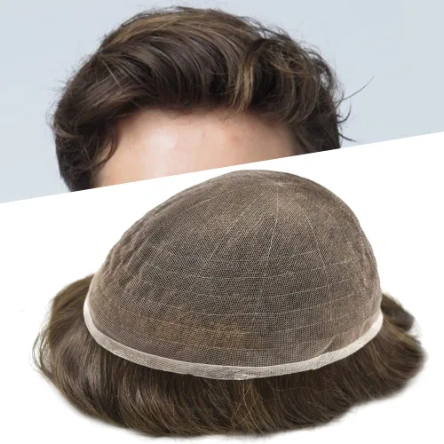 Miniatura 22 de PUNRU HAIR Completo Swiss Lace Toupee para hombres Sistema de cabello humano real Sistema de reemplazo de cabello humano para hombre Toupee