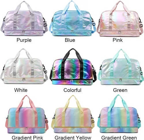 Miniatura 9 de Bolsa de lona holográfica brillante para gimnasio con compartimento para zapatos y bolsillo húmedo, bolsa de viaje para mujer para fin de semana