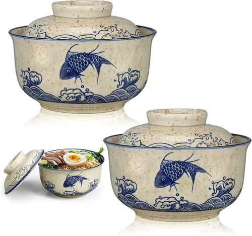 Miniatura 8 de SiliFine Juego de 2 cuencos de cerámica para ramen con tapa, olla de arcilla para microondas de 25 onzas, vajilla tradicional japonesa, olla