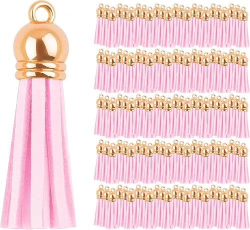 Miniatura 97 de Mandala Crafts 100 borlas de gamuza sintética color aguamarina con tapa dorada, suministros para hacer llaveros a granel, pequeñas borlas de cuero