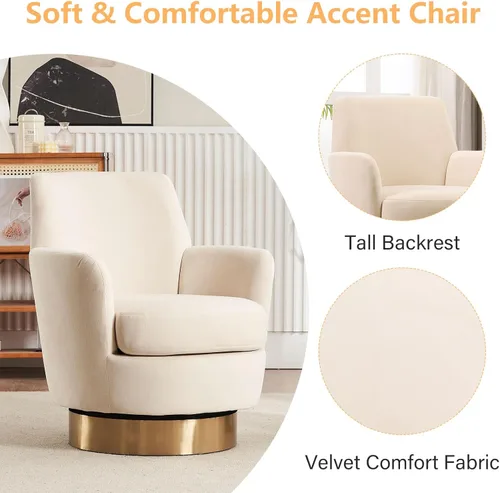 Miniatura 4 de LUCKHAO Silla giratoria de barril, de acento, giratoria, redonda, moderna, tapizada en terciopelo con respaldo alto, sillón de sofá individual, gira