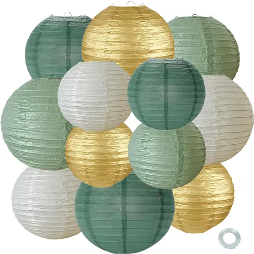 12 linternas de papel color verde salvia dorado verde oliva chino colgantes redondas linternas de papel para cumpleaños, boda, despedida de soltera,