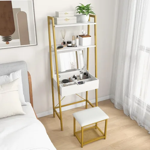 Miniatura 7 de CHARMAID Juego de escritorio de tocador de escalera – Mesa de tocador de maquillaje con espejo abatible, taburete acolchado, 4 compartimentos